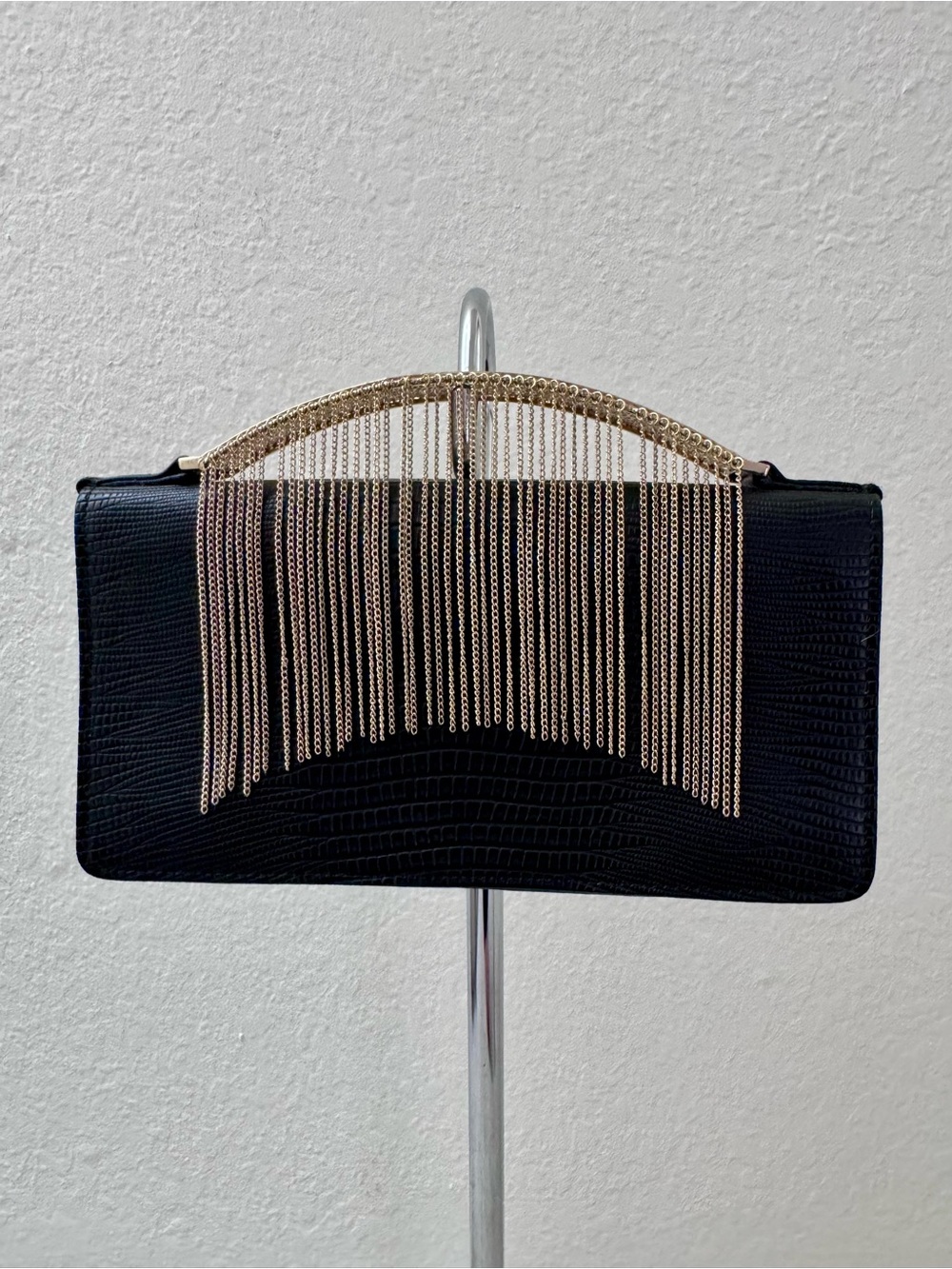 BCBGMaxAzria Black Croc-Embossed Clutch with Gold Chain Fringe